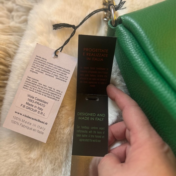 Viola Castellani Leather Shoulder Bag Green with Chain Made In Italy - Picture 10 of 12